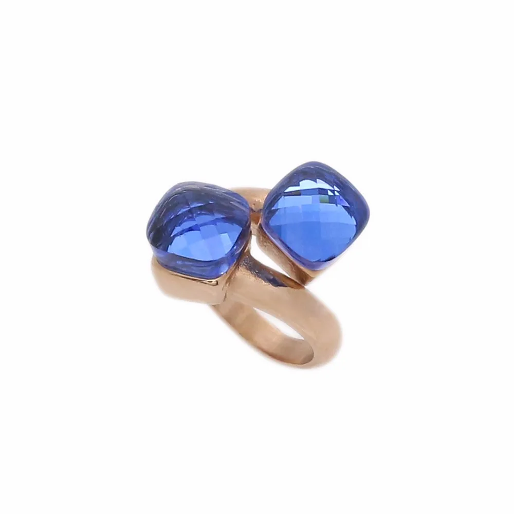 JSBAO Rose Gold /Steel/Gold Colour Stainless Steel Double Dark Blue Glass Ring For Women Size 6-10 Female Ring Jewelry