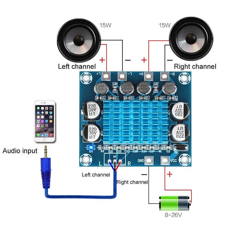 30w30w régule 3 Amplificateur Tech Digital Audio Power Amplifier Board, Classe D Dc8-26v Dc Audio Power Amplifier Board 3a 12v24v