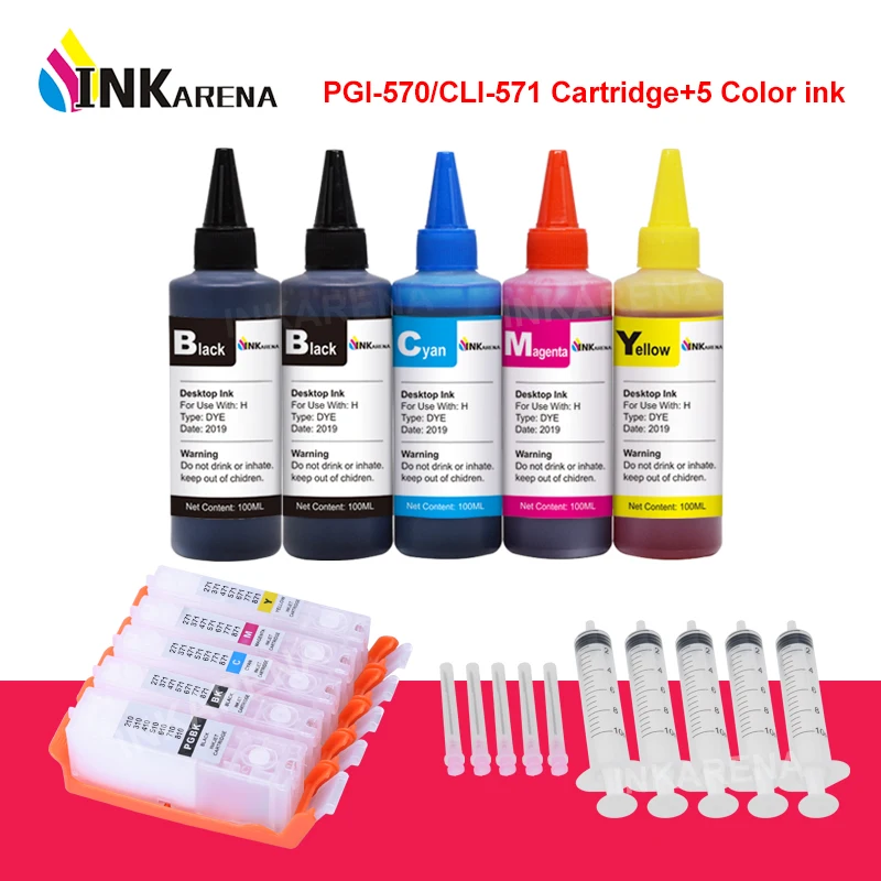 INKARENA 500ml Ink + PGI-570 CLI-571 Refillable Ink For Canon PIXMA MG5750 MG5751  MG5752 - Silver MG5753 - Silver MG6850 MG6851