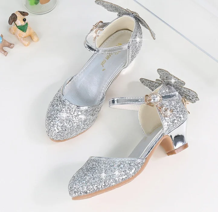 Chaussures de princesse en cuir pour filles, à paillettes, nœud papillon, robe de soirée, talons hauts, rose, argent