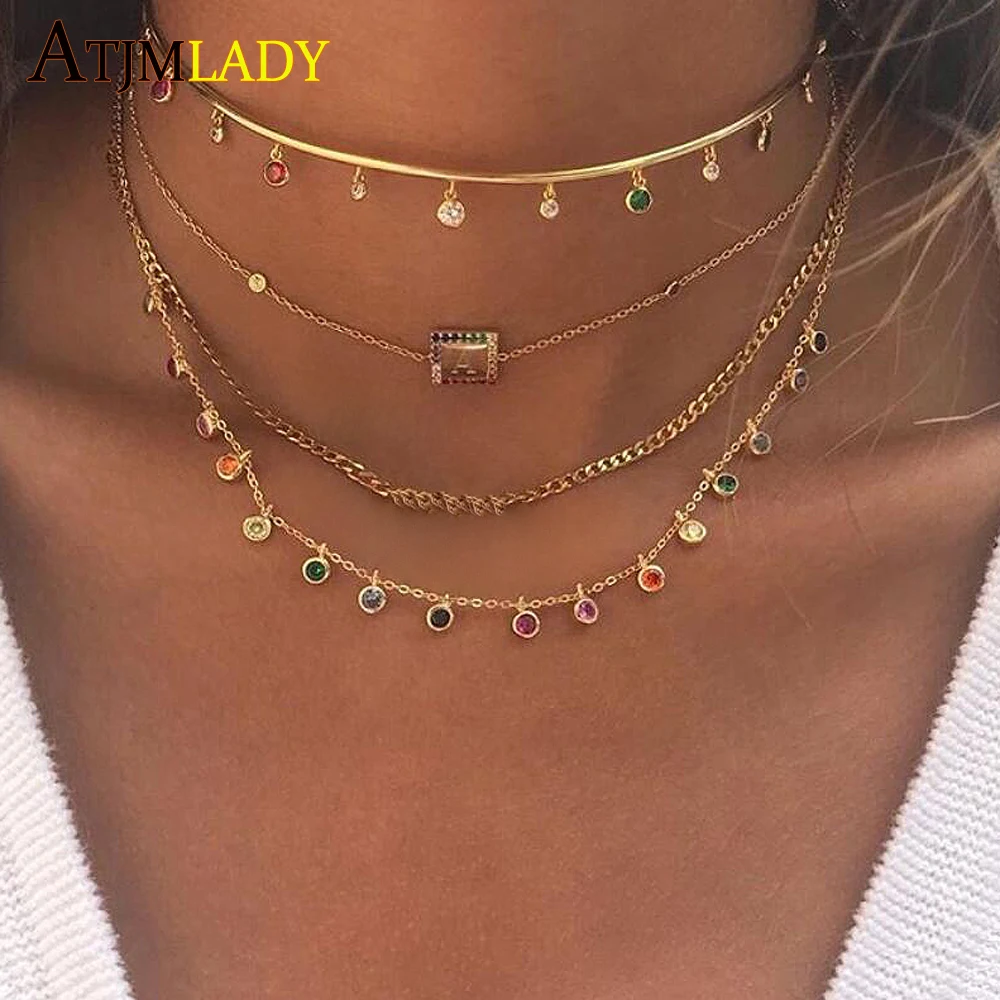 925 Sterling Silver Dainty CZ Round Bezel Drip Chandalier Layering Necklace Gold Filled Delicate Rainbow Cz Choker Jewelry