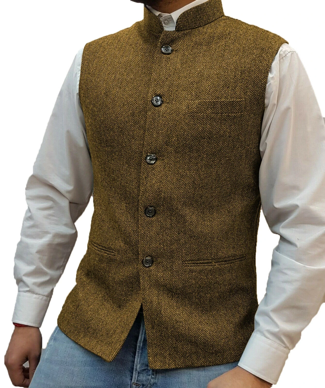 Men\'s Suit Vest Brown Herringbone Wool Tweed Stand-up Collar Slim Fit Waistcoat Groom Costumes Clothing For Men Wedding Vest