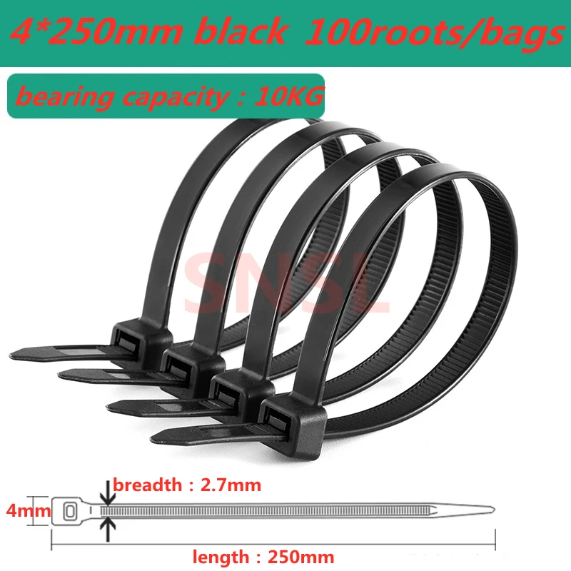 Nylon tie 4 * 250 mm self-locking Black 100 plastic tie wire ring tie fixing belt slipknot Plastic cable zip ties Plastic clamps