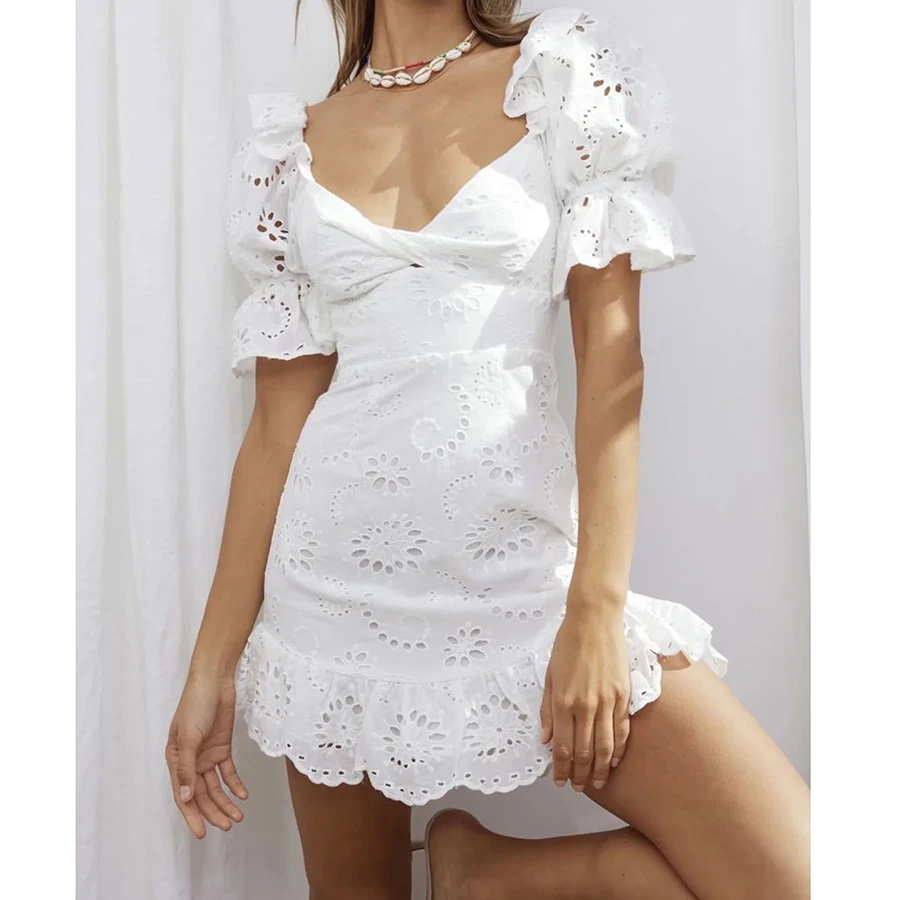 GypsyLady Floral Emboridery Mini Dress Lace White Hollow Out Summer Women Dress Holiday Backless V-neck Ladies Woman Party Dress