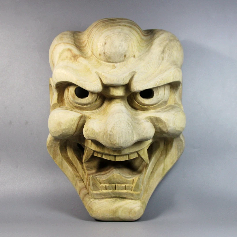 Lion Face Japanese Noh Mask Craftsmanship - Real Wood Carving with Detailed Pattern, Elegant Wall Hanging for Traditional Home