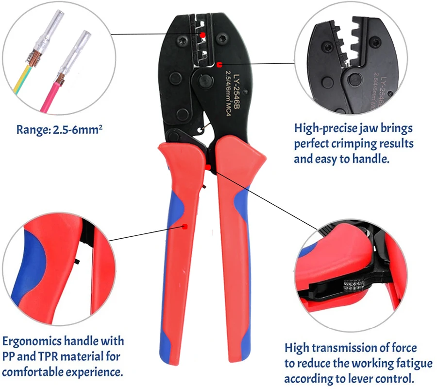 Alicadores de crimpagem e terminais Tool Kit, ferramentas manuais para painel solar, conectores de cabo fotovoltaico, fiação elétrica crimper, 2, 5-6, 0 mm2, AWG26-10