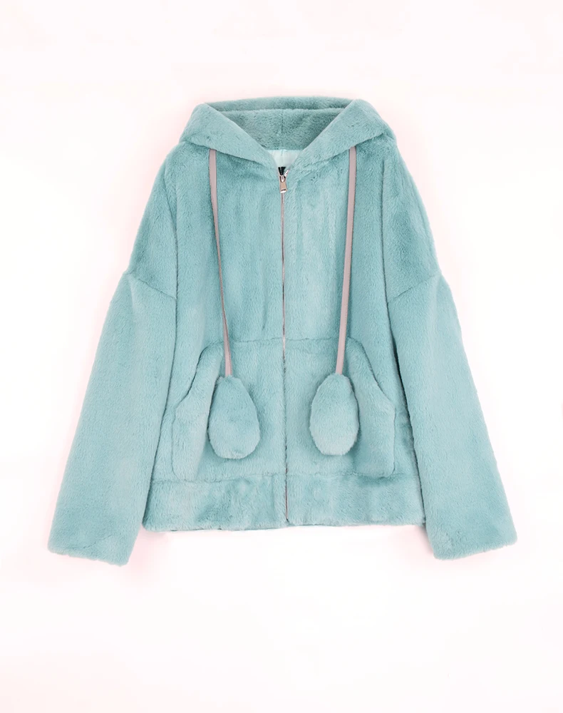Nerazzurri Spring Fluffy Jacket with Rabbit Ears Raglan Sleeve Zipper Oversize Light Soft Harajuku Kawaii Faux Fur Hoodie 2021