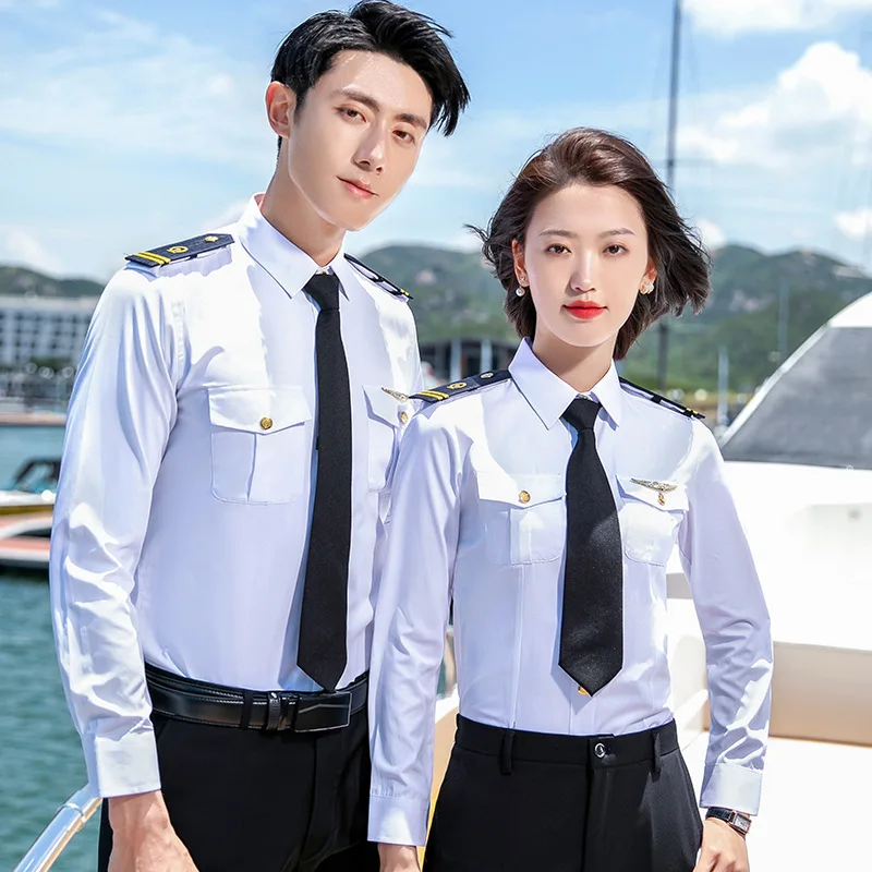 White Pilot Uniform Shirts Men 2024 Autumn Casual Long Sleeve Slim Fit Single Breasted Stewardess Captain Office Work Clothes