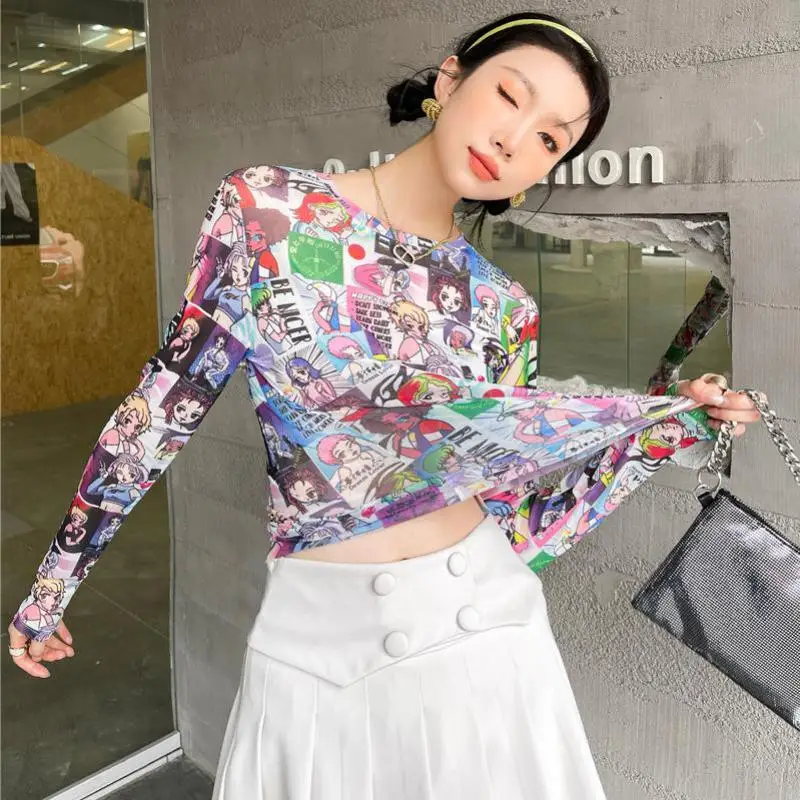 Karrram Sweet Cartoon Print Mesh Top Y2k Aesthetic Long Sleeve T Shirts Women Anime E Girl Kawaii Clothes 90s Sexy Streetwear