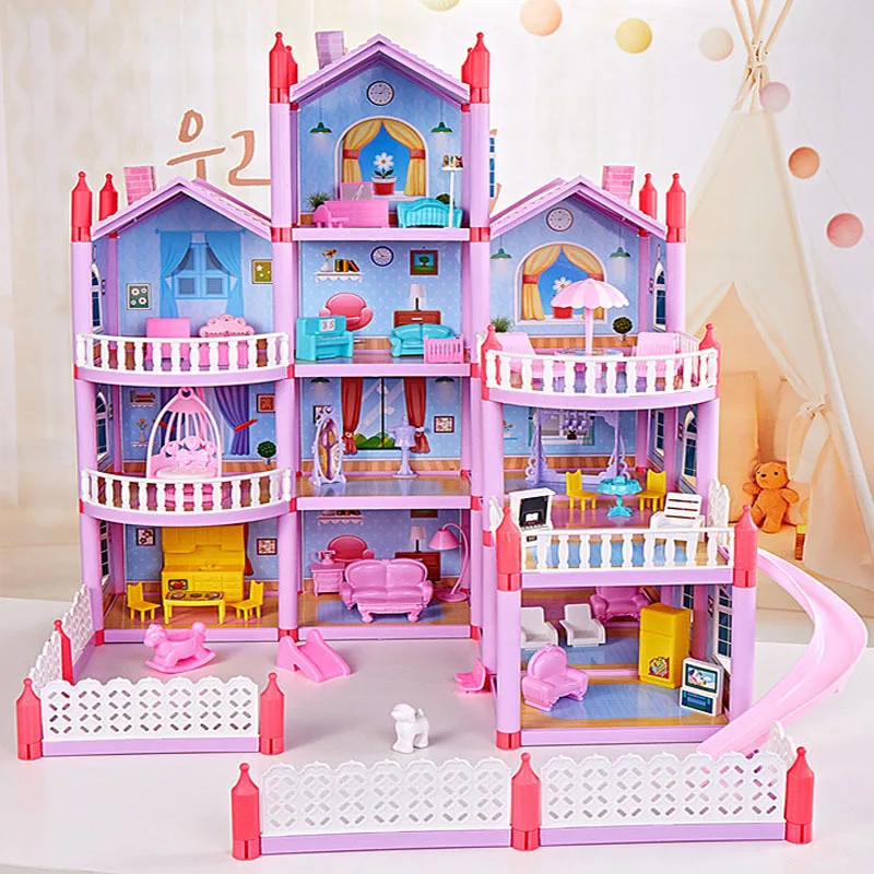 Princess Big Villa DIY Dollhouses Pink Castle Play House With Slide Yard Kit Assembled Doll House Toys For Girls Children Gifts