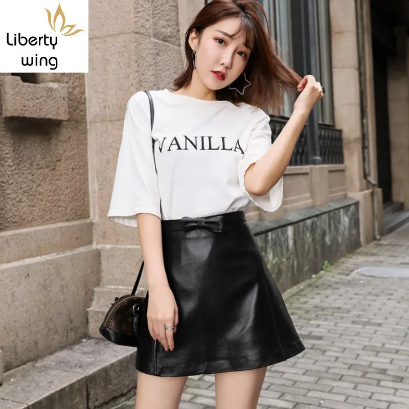 Quality Women Kawaii Bow High Waist A Line Mini Skirts Female Sexy Wrap 100% Sheepskin Genuine Leather Skirt