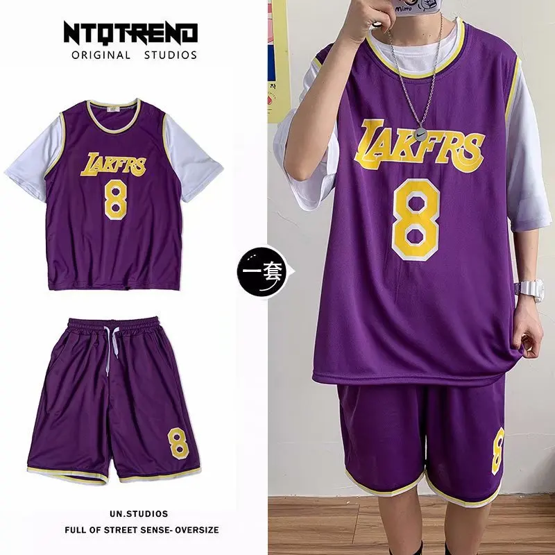 Summer basketball leisure sports suit male Hong Kong style trend fake two-piece short-sleeved t-shirt youth five-point pants set