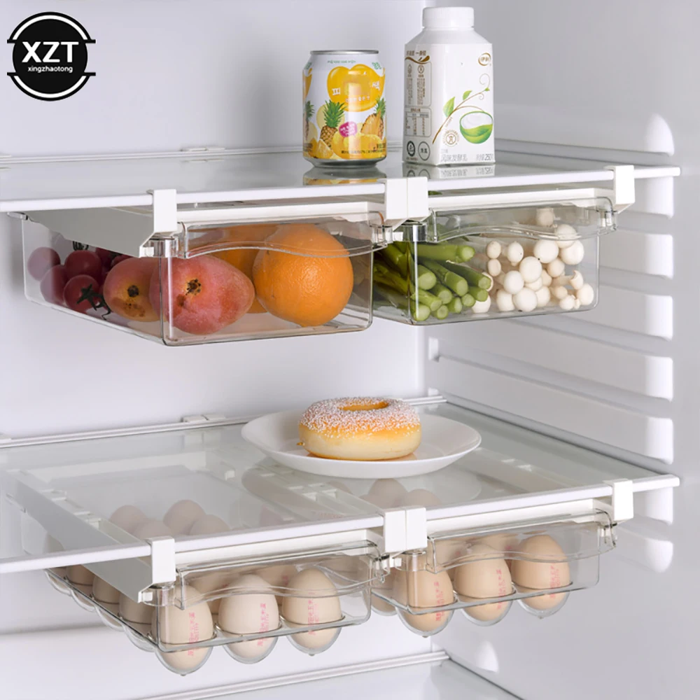 New Kitchen Fruit Food Storage Box Plastic Clear Fridge Organizer Slide Under Shelf Drawer Box Rack Holder Refrigerator Drawer