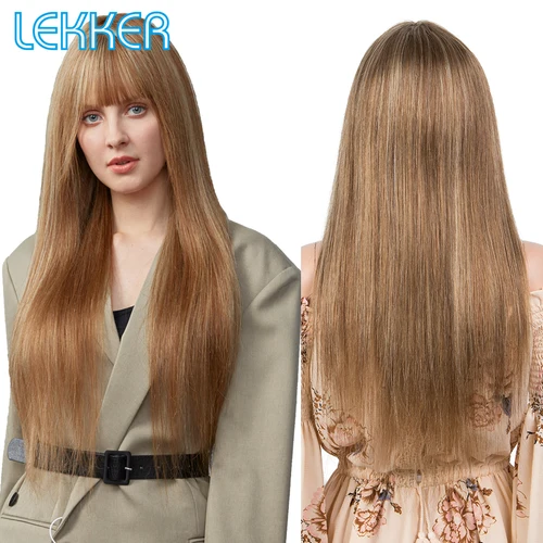 Imagen 2 del producto Peluca de cabello humano recto Lekker Highlight Brown Blonde 613 con flequillo de aire para mujeres pelucas sin cola de color brasileño Remy