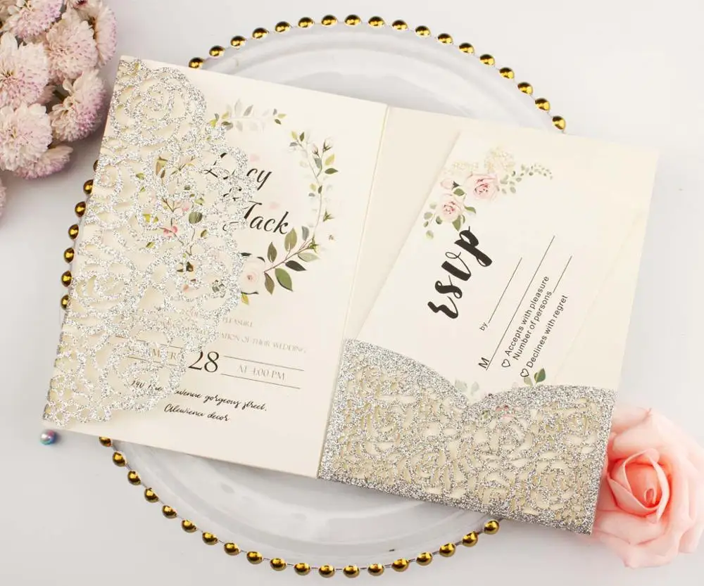 free shipping 1X Laser Cut Tri-fold White Rose Gold floral pocket fold Wedding Invitation Card Invite RSVP Customize envelope