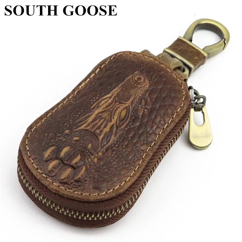 SOUTH GOOSE Genuine Leather Men & Women Car Key Wallets Retro Crocodile Pattern Men Zipper Key Case Lady Housekeeper Key Holders