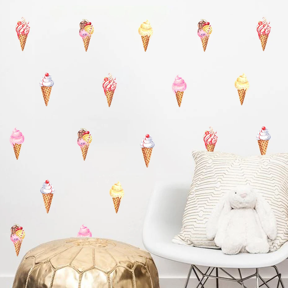 Cartoon Ice Cream Cone Watercolor Nursery Wall Decals Removable Girl Wall Stickers for Kids Room Modern Interior Home Decoration