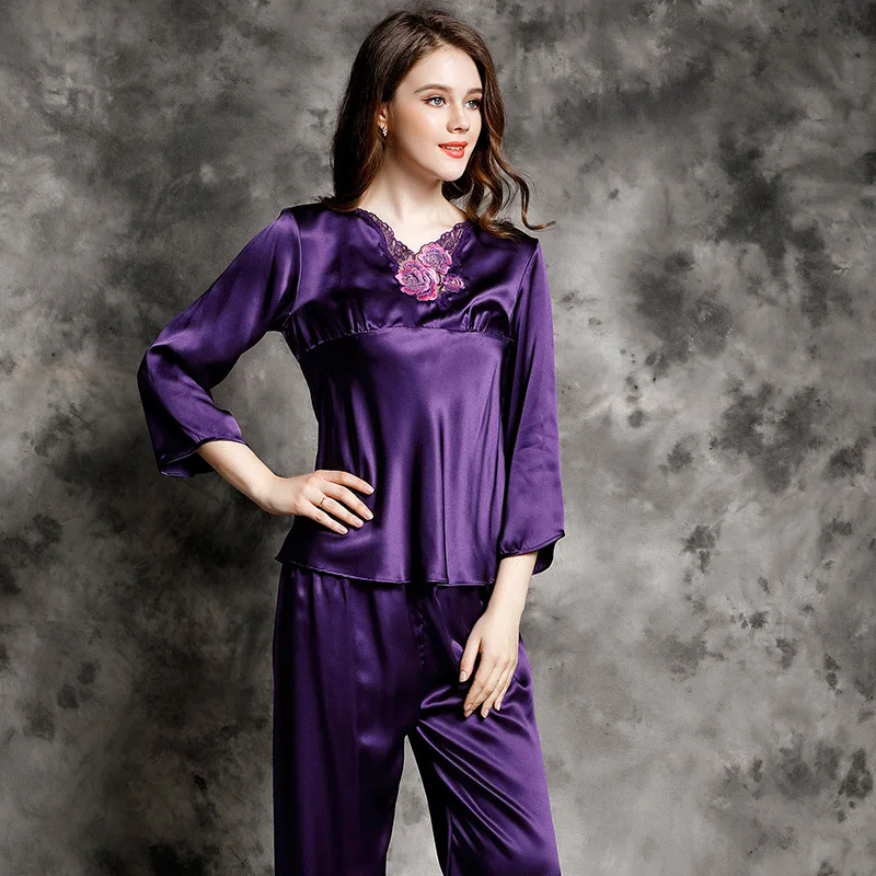 Birdsky, 1SET Women pajamas pijamas pajama set nightwear long sleeve lace sleepwear V neck 100% mulberry silk satin solid, S-307