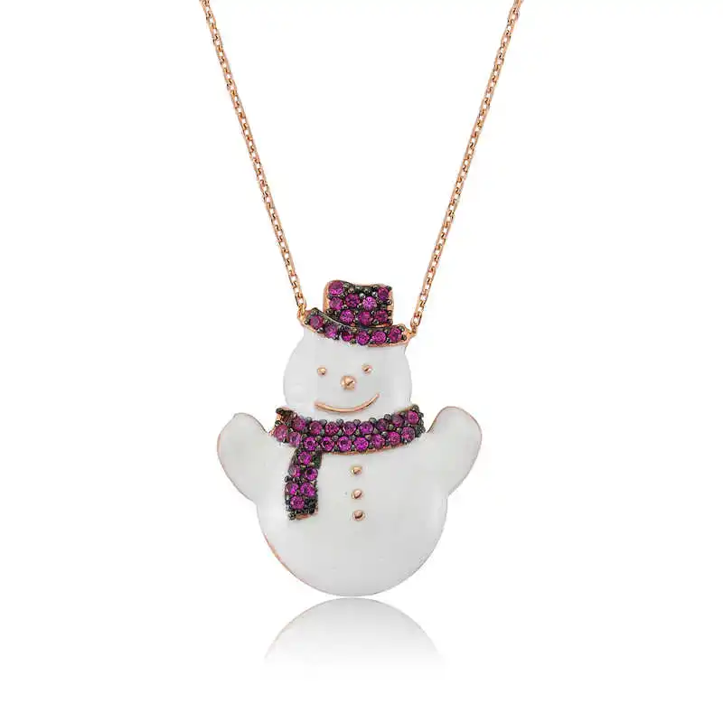 Silver Snowman Lady Necklace Zircon Stone 925 Sterling Women Fine Jewelry Wedding Party Birthday Gift - Jeweled-Box-pendant