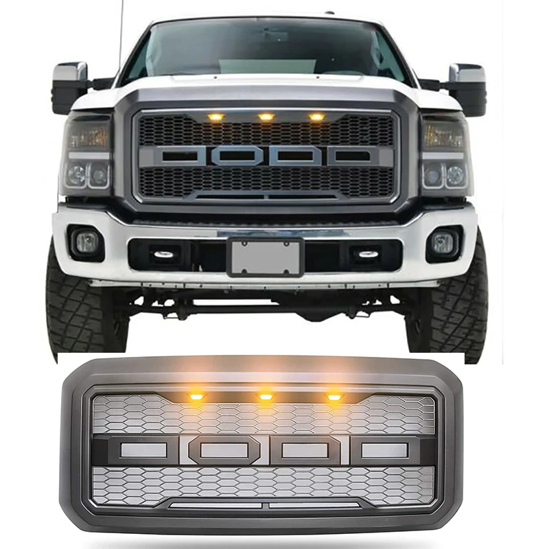 Racing Grill for Ford F-250/350 2011-2016 Car Front Bumper Mesh Grids Matt Black With 3 LED Amber Lights Raptor Style