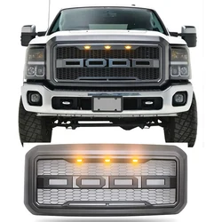 Racing Grill for Ford F-250/350 2011-2016 Car Front Bumper Mesh Grids Matt Black With 3 LED Amber Lights Raptor Style