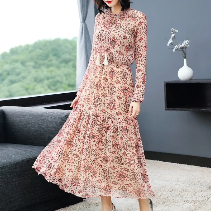 Women's Spring Boollili Summer Real Silk Dress Floral Boho Beach Long Maxi Dresses Elegant Long Sleeve Dress Women Clothes 2023