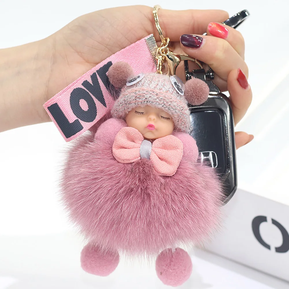 Fashion Colorful Sleeping Baby Doll Car Keychain Hanging Piece Hair Ball Bag Pendant Cute Fluffy Fur Pompom Key Ring Holder Toy