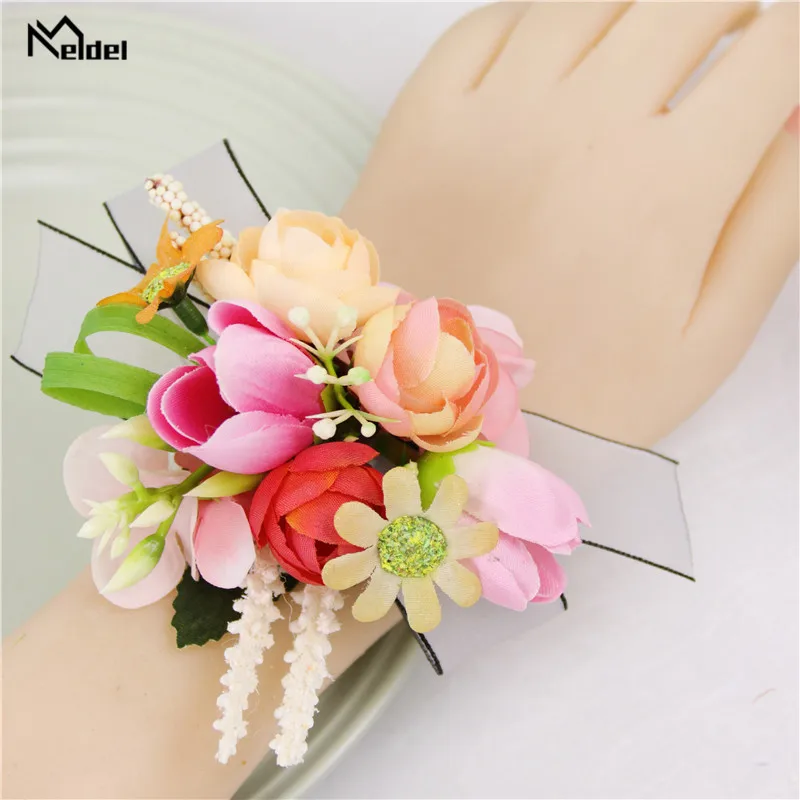 Meldel Hochzeit Bouton Corsage Pins für Männer Brautjungfern Handgelenk Armband Groomsmen Boutonniere Prom Anzug Ehe Zubehör