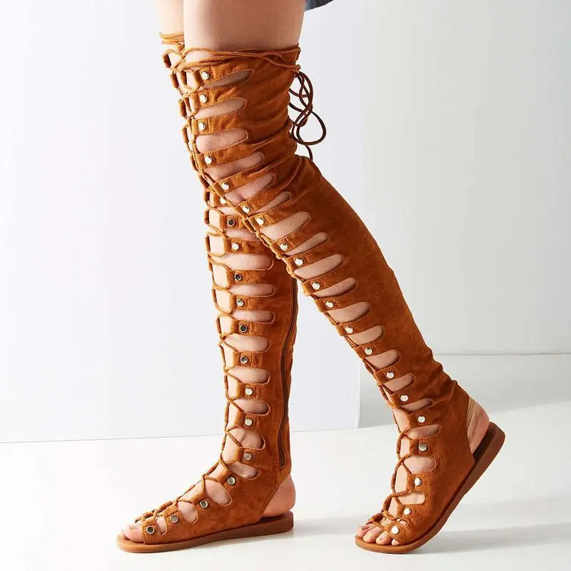 

Flat Heel Suede Design Vintage Sandals Boots Over The Knee Open Peep Toe Ladies Shoes Female Roma Style Long Boots