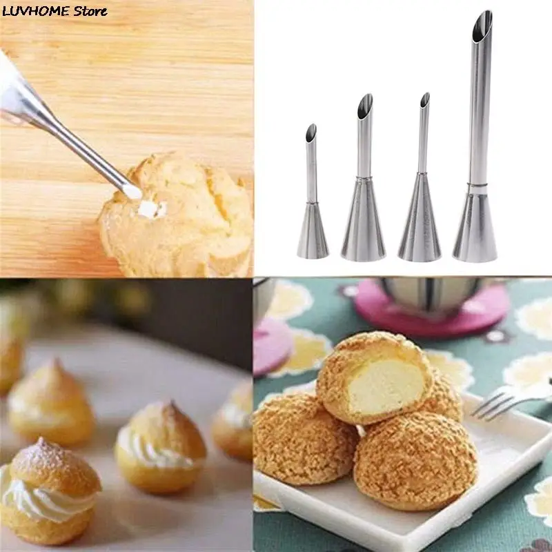 4Pcs Eclair Puff Nozzles Cupcake Filling Tube Pastry Syringe Cream Piping Tips