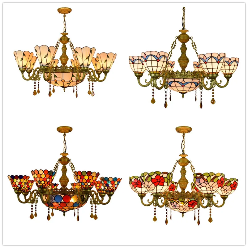 

European-Style Mediterranean Stained Glass Retro Pastoral Hotel Villa Living Room Bedroom 8 Heads Crystal Glass Chandelier Lamps