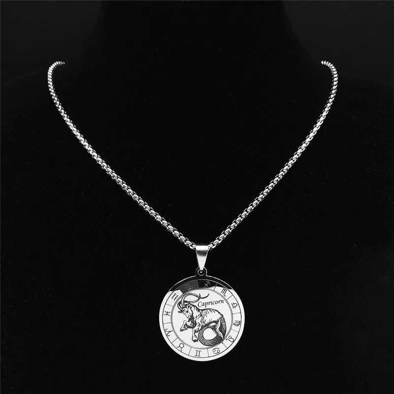 12 Constellations Capricorn Stainless Steel Round Chain Necklaces Women/Men Pendants Necklaces Jewelry zodiac necklace NXH255S03