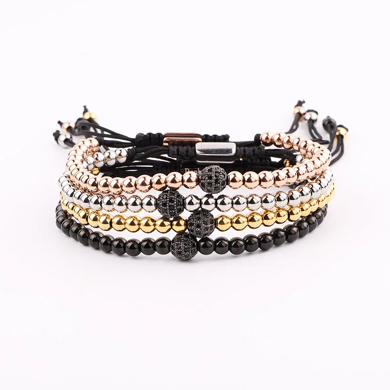 Men Jewelry Stainless Steel Beaded Five 6mm CZ Pave Ball Charm Macrame Adjustable Bracelet Women