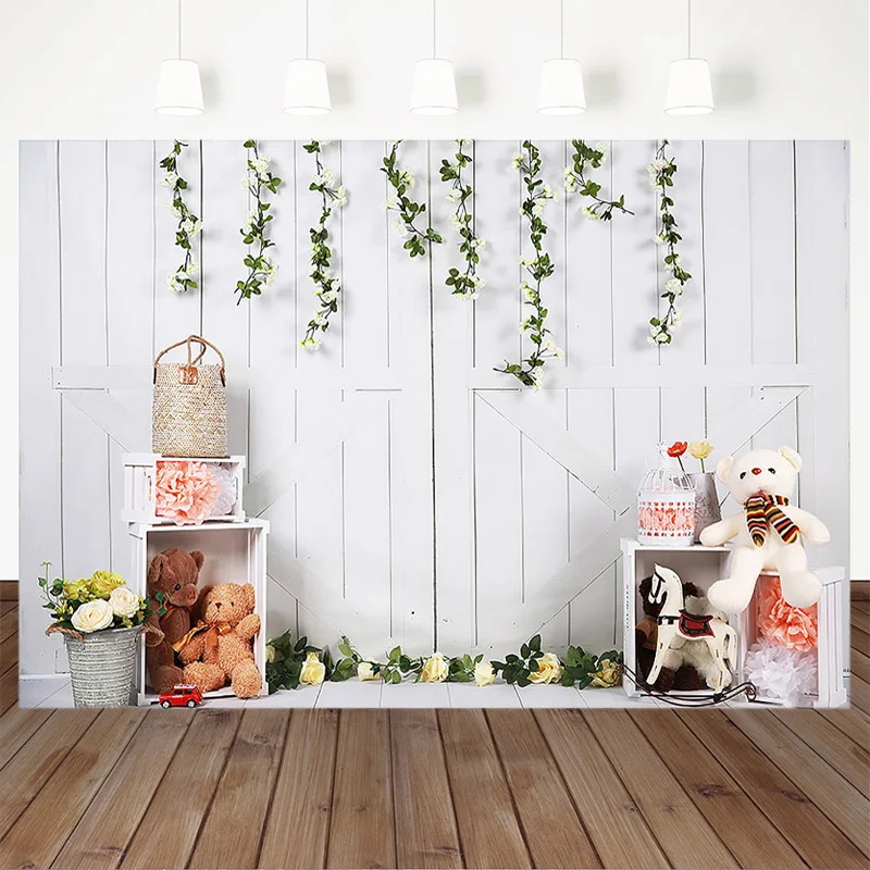 Newborn Wooden Door Photography Background Toy Bear Banner Decoration Children Birthday Portrait Backdrop Baby Shower Studio