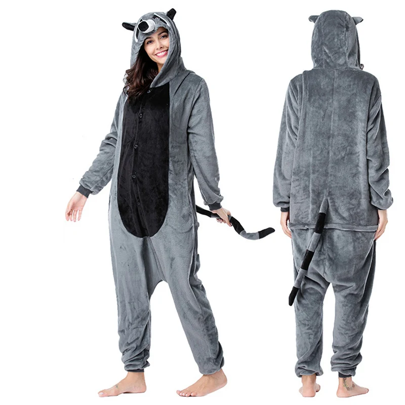 

Soft Women Pajama Raccoon Onesie For Adult Men Kigurumi Flannel Cosplay Costume One-Piece Pijama Full Body Clothes Birthday Gift