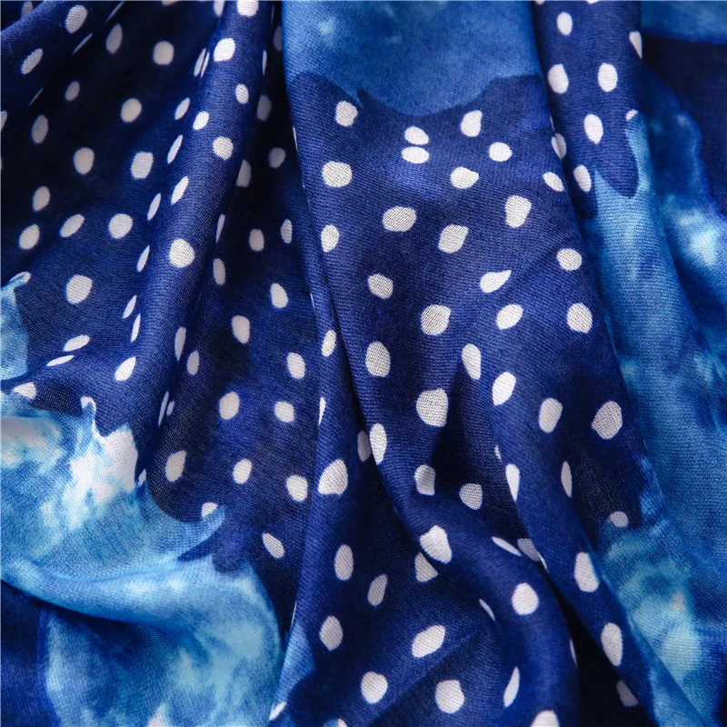 Fashion Navy Blue Dot Floral Tassel Viscose Hijab Shawls and Wraps Female Foulards Echarpe Brand Designer Muslim Sjaal 180*90Cm