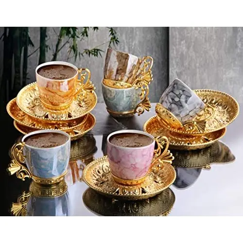 Fancy Turkish Coffee Cup Saucers Set of 6, Porcelain 4 oz. Turkish Coffee Set, Espresso Cup Set, Greek Coffee, Demitasse Coffee