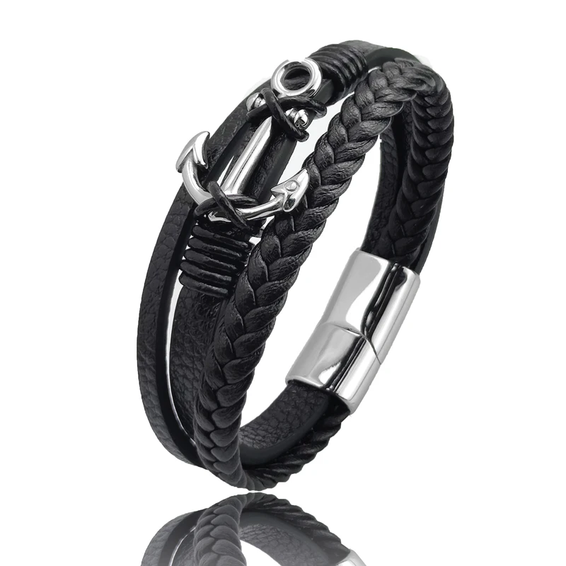 Fashion Charm Cross Men Bracelet Multilayer Leather Bracelet Punk Jewelry Stainless Steel Magnetic Clasp Bangles Boho Bracelet