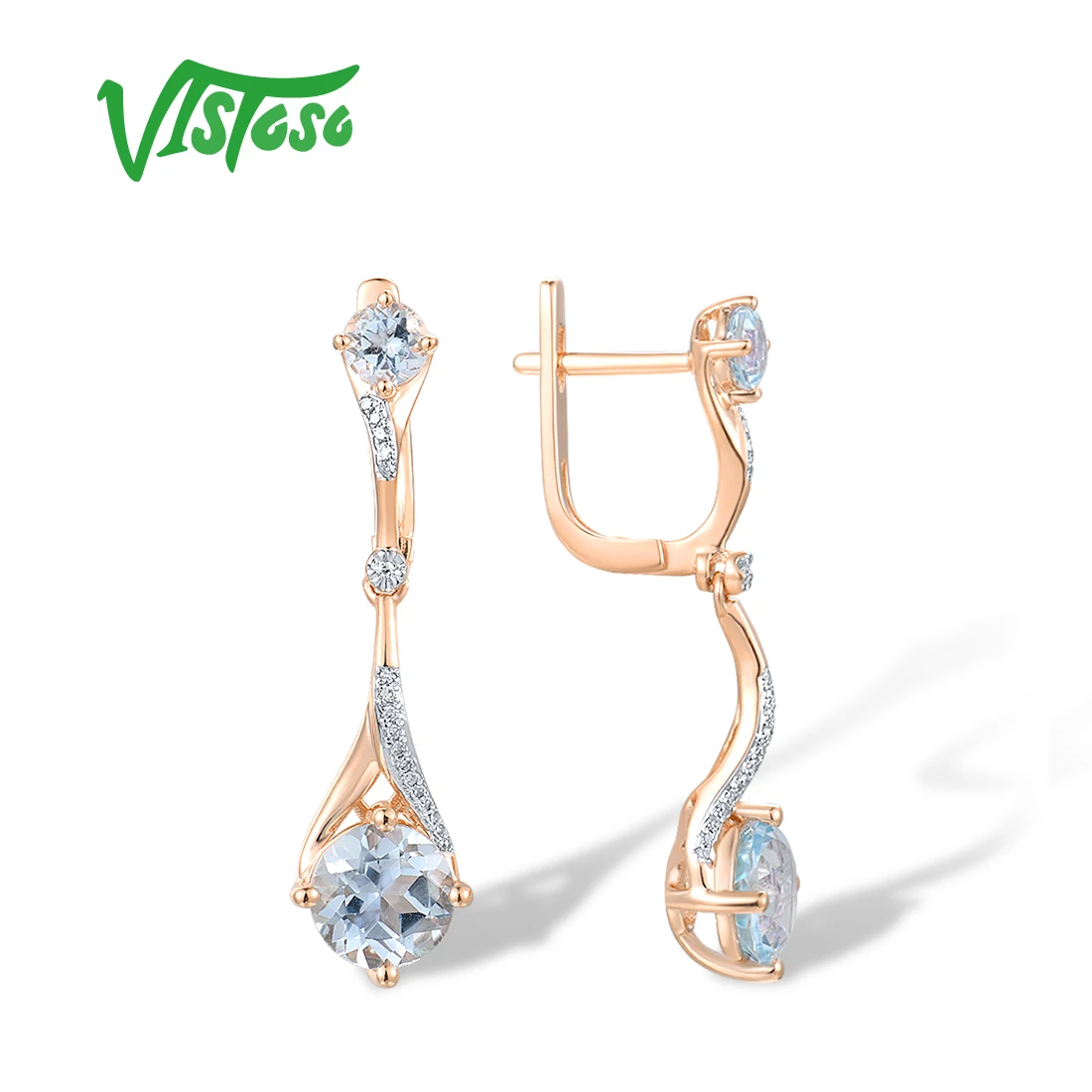 VISTOSO Gold Earrings For Women Pure 14K 585 Rose Gold Sparkling Blue Topaz Diamond Dangling Earrings Gorgeous Fine Jewelry