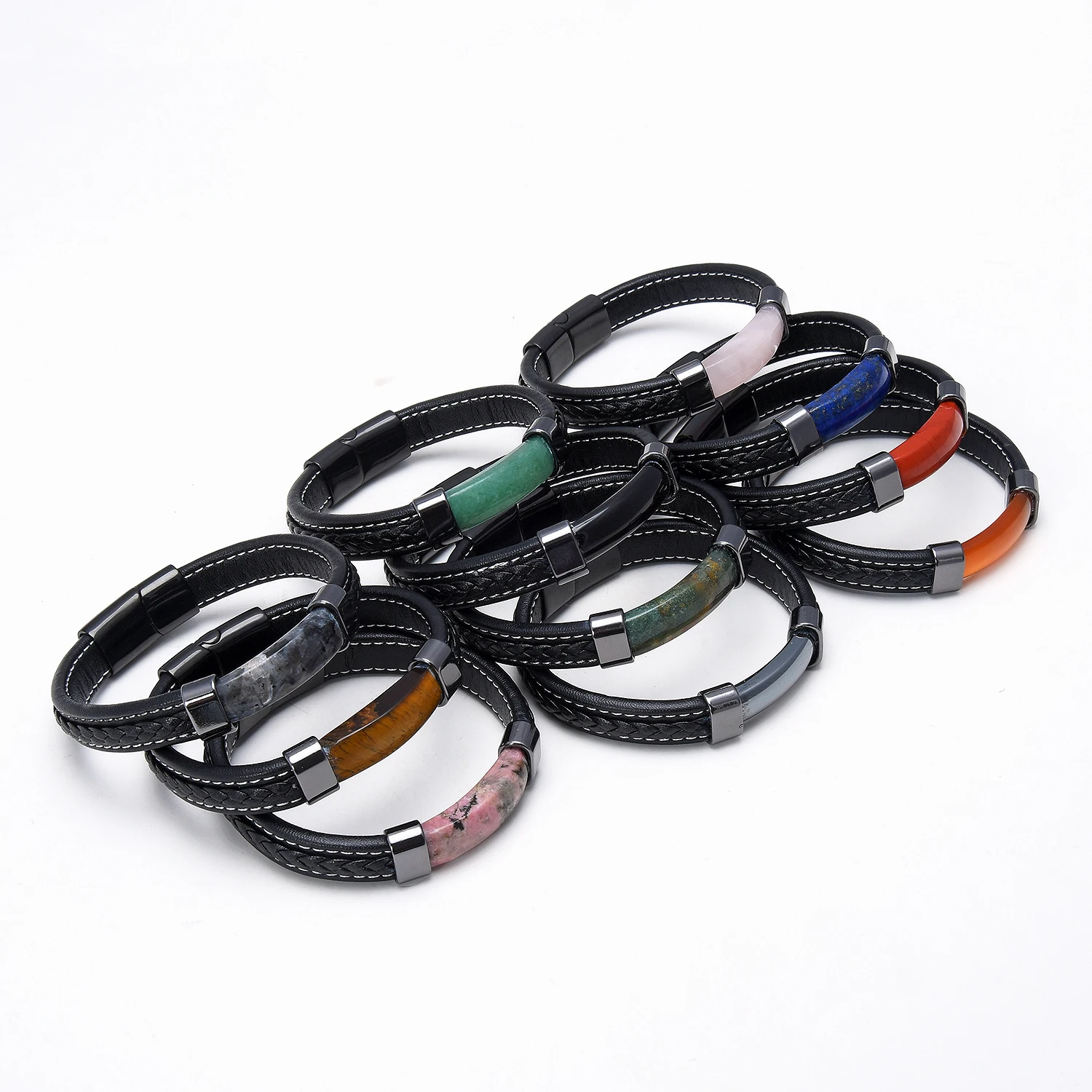 Luxury Natural Stone Men Black Braided Leather Bracelet Stainless Steel Magnetic Buckle Trendy Charm Bracelet Homme Jewelry