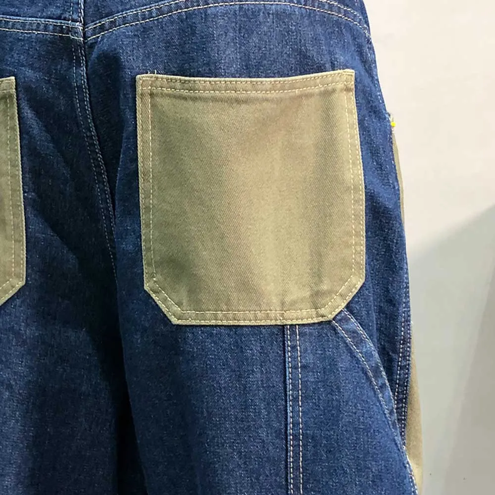 Retro Patchwork Baggy Jeans Men Casual Harem Trousers Streetwear Denim Overalls Japanese Style Pants