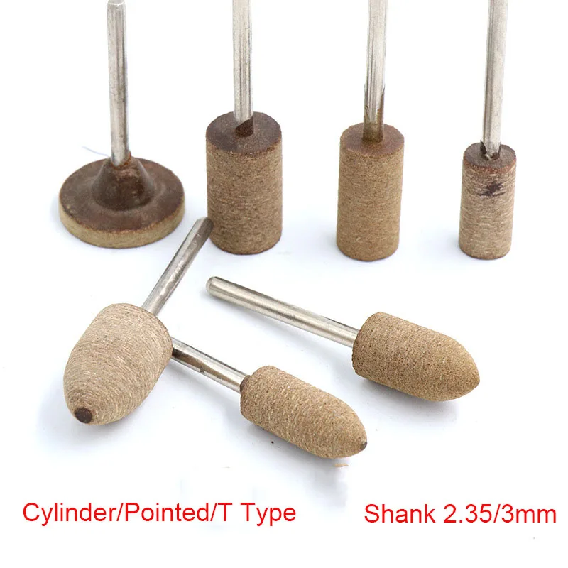 10PCS Shank 2.35/3mm Cylinder/Pointed/T Type Cowhide Leather Polishing Grinding Head 3~12mmm Head Diameter