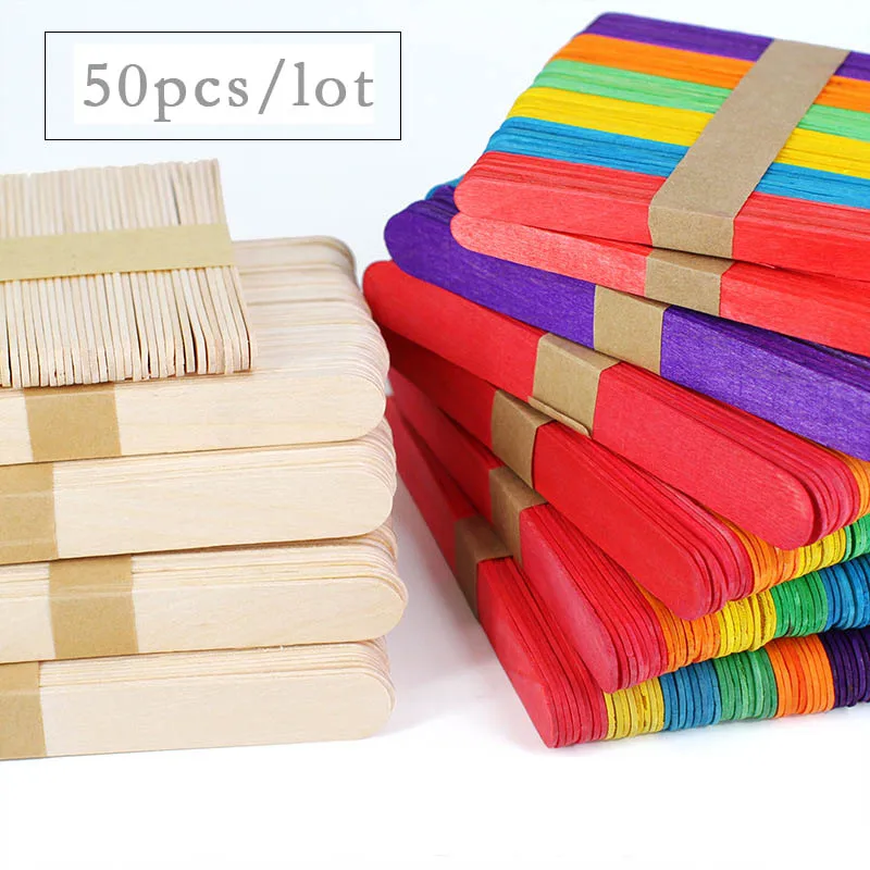 

50Pcs Wooden Popsicle Sticks Natural Wood Ice Cream Sticks Creative Kids puzzle DIY Hand Crafts Building Blocks Accessories