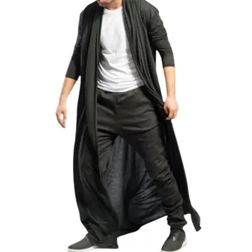 Imagen 2 del producto Cárdigan de moda para hombre, gabardina de manga larga hasta el tobillo para hombre, chaqueta frontal abierta de Color sólido Simple, cárdigan, prendas de vestir exteriores informales