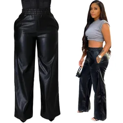 2022 Fashion PU leather pants Women's new solid color loose wide leg pants with pockets fashion winter clothes