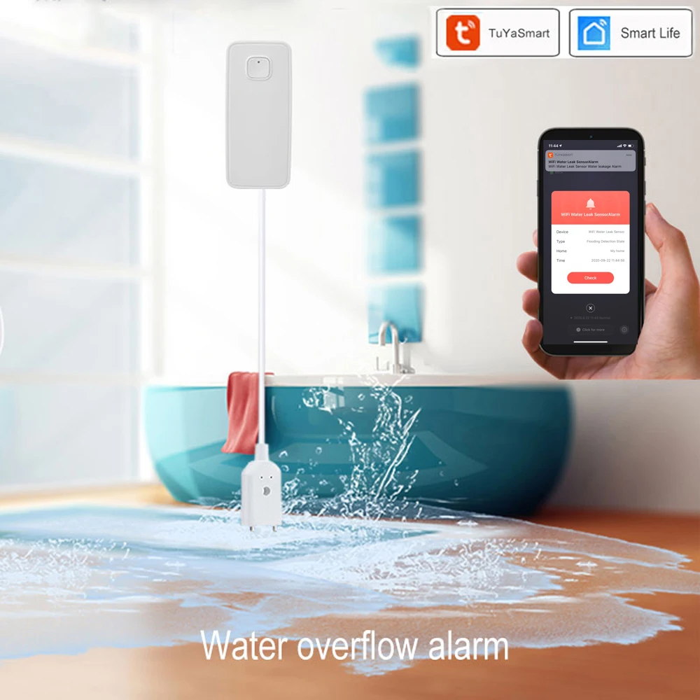 Tuya Smart Home-Sensor de fugas de agua WIFI, Detector de alarma, alerta de inundación, sistema de seguridad de desbordamiento