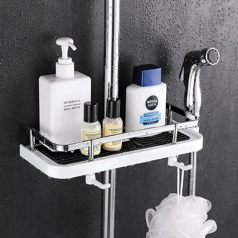 Bathroom Shower Storage Rack Organizer Pole Shelves Shampoo Tray Stand Single Tier No Drilling Lifting Rod Shower Head Holder