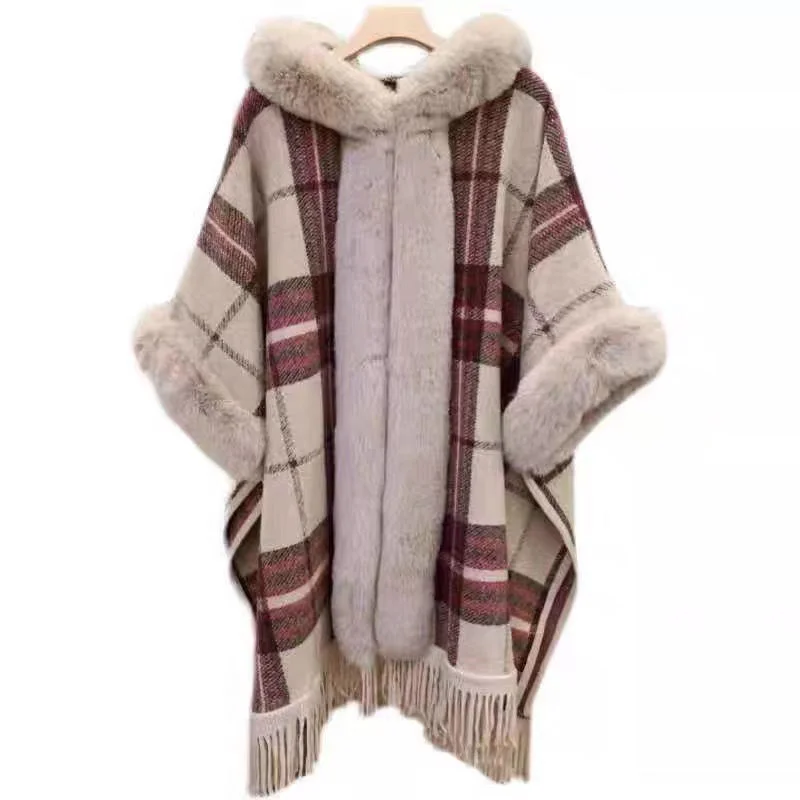 Retro Plaid Fransen Schal Jacke weiblich Herbst und Winter 2021 neue Kapuze Schal Mantel Strickjacke Spleißen Kunst pelz Mantel Parka