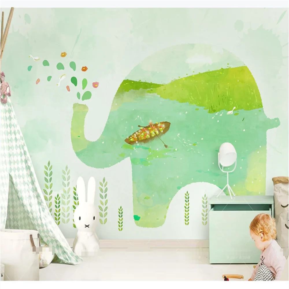 Custom wallpaper large mural fresh green cartoon elephant watercolor boat children's room background wall wall covering