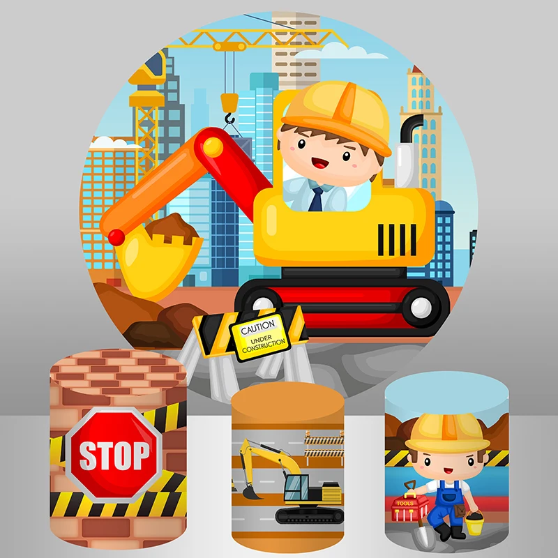 Sensfun الاطفال الكرتون البناء حفلة جولة خلفية غطاء بناء حفارة الأولاد عيد ميلاد خلفية مخصصة طيدة يغطي